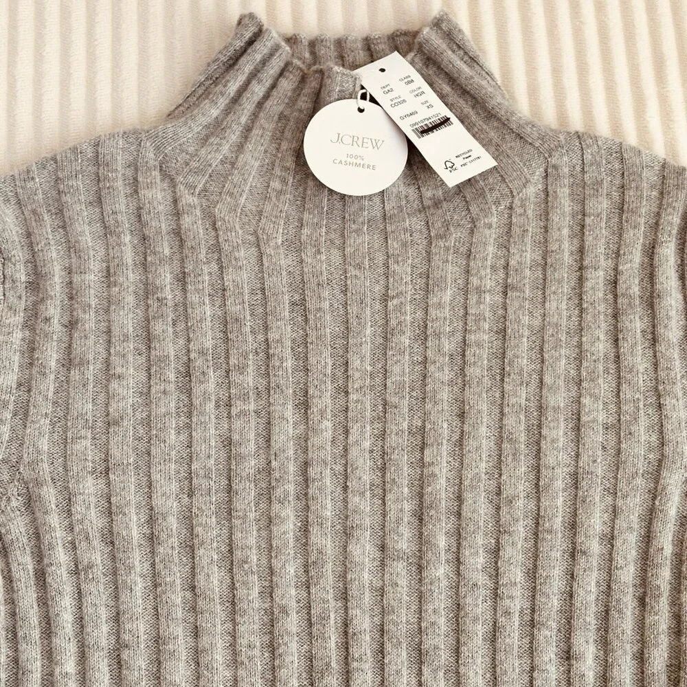 NWT J.Crew Womens 100% Cashmere Turtleneck XS Wide Rib Gray Sweater Luxury Chic
